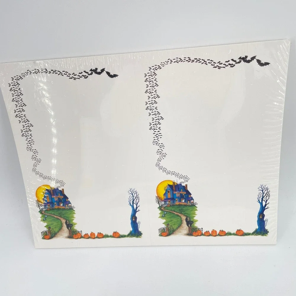 Vintage Halloween Stationery Set Haunted House Bats Skeleton 4 Packs New